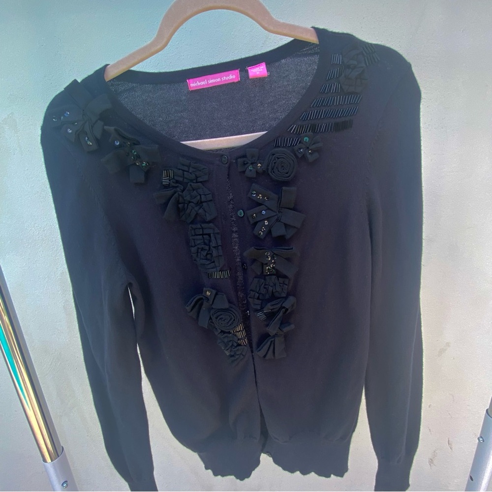 Y2K Black Beaded Bow Embellished Cardigan Size Medium